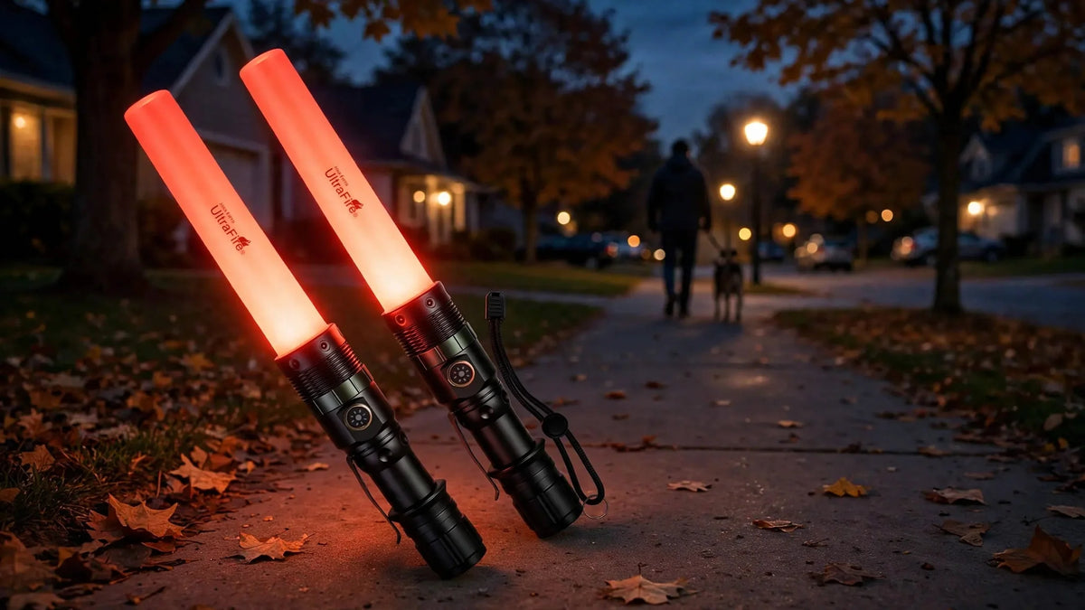 UltraFire UF-303X glowing signal wand lighting a nighttime dog walk on a suburban street