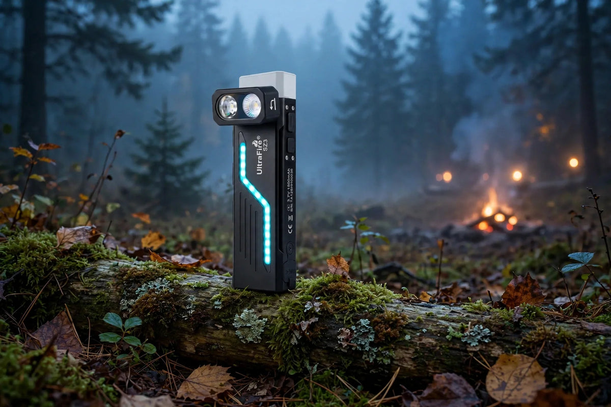 UltraFire SZ3 swivel-head flashlight resting on a mossy log at a deer camp in a pre-dawn autumn forest with campfire glow