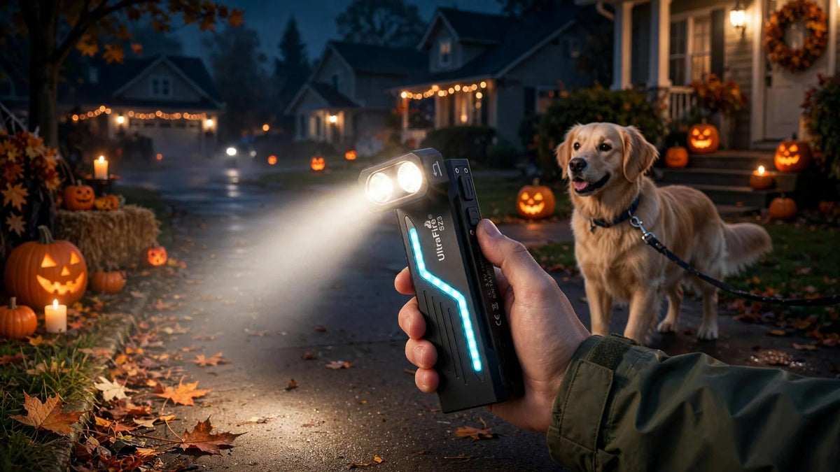 UltraFire SZ3 flashlight in hand lighting a path for a leashed golden retriever on a Halloween-decorated street at night