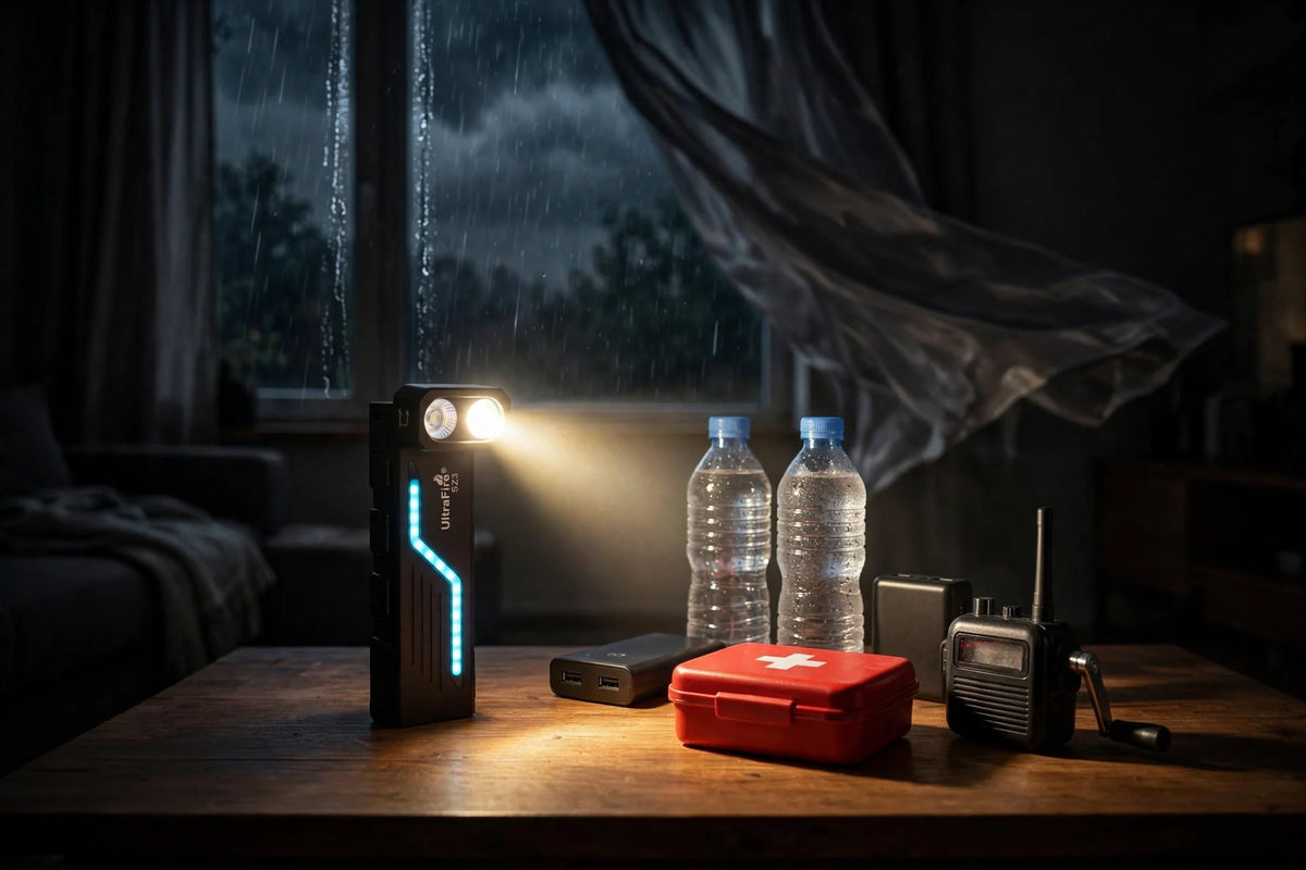 UltraFire SZ3 flat flashlight lighting an emergency kit on a table during a storm power outage at night