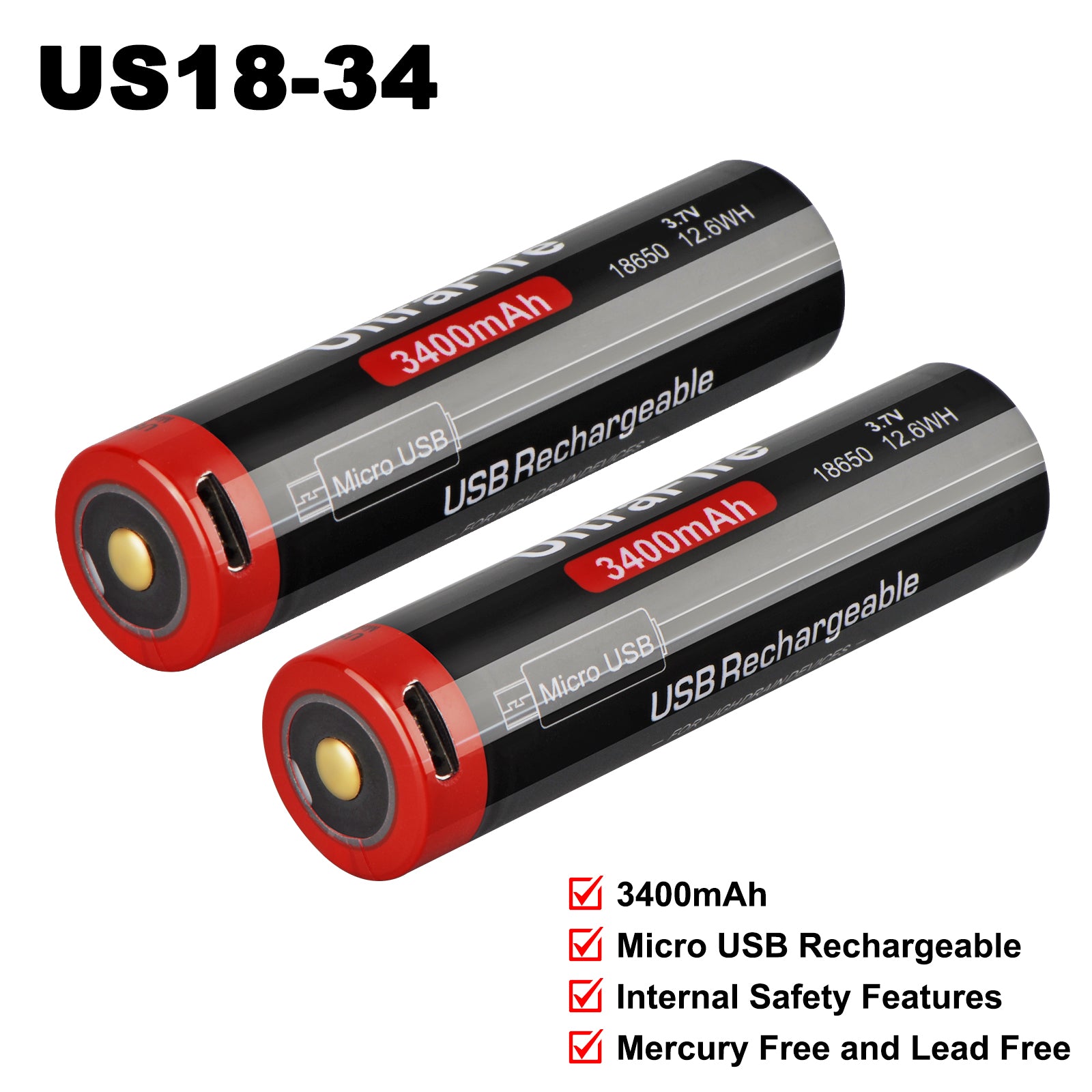 UltraFire 3400mAh 3.7V 18650 USB Rechargeable Lithium Battery with Protection Board (2PCS)