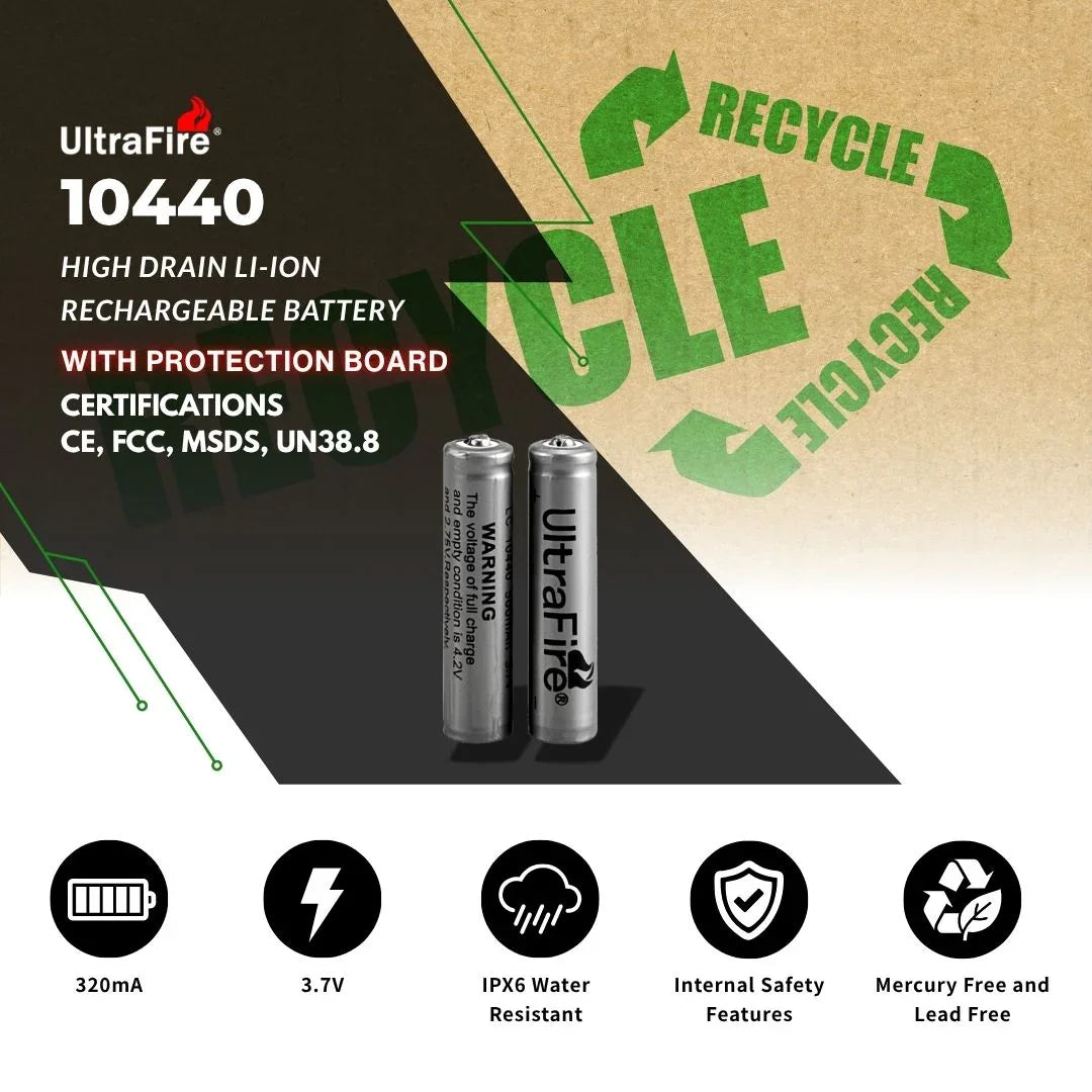 UltraFire 10440 500mAh 3.7V Batteries (2/10-Pack) - Protected - UltraFire