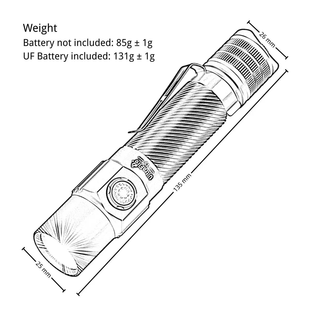 UltraFire_T5_Size_Weight_Lineart - UltraFire