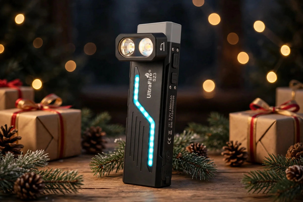 UltraFire SZ3 swivel-head flashlight in a holiday gift scene with wrapped gift boxes and warm string lights