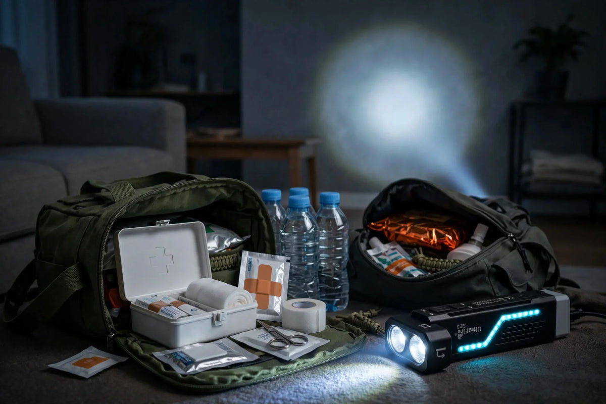 UltraFire SZ3 swivel-head flashlight with cyan ambient light bar beside an open home emergency go-bag with first-aid kit and water bottles during a power outage