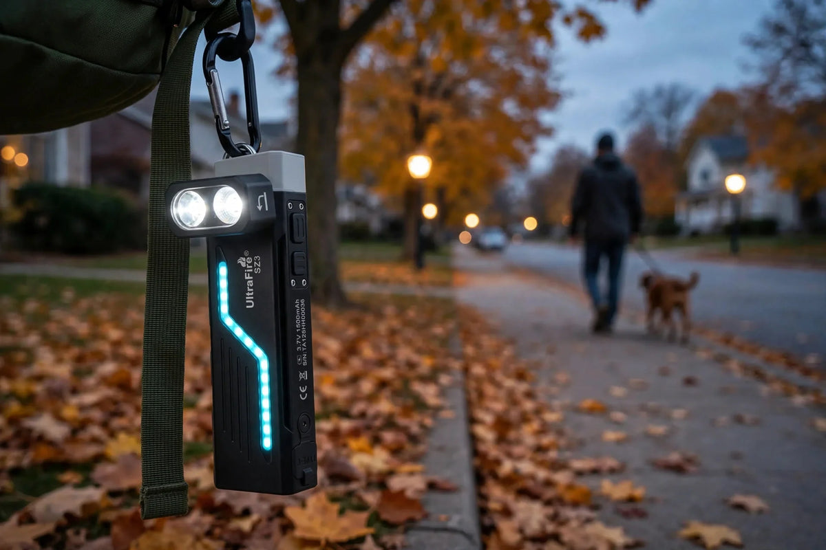 UltraFire SZ3 swivel-head EDC flashlight with glowing cyan ambient light bar clipped to a backpack strap at dusk on an autumn suburban street