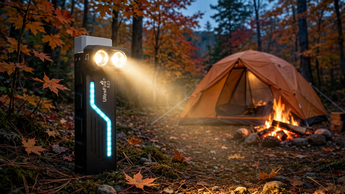 UltraFire SZ3 swivel-head EDC flashlight glowing at a fall campsite with an orange tent and campfire at dusk