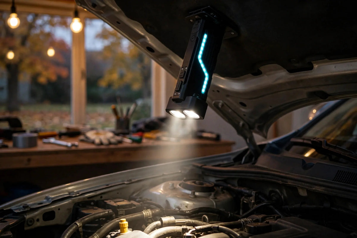 UltraFire SZ3 swivel-head flashlight magnetically mounted under an open car hood in a home garage at dusk