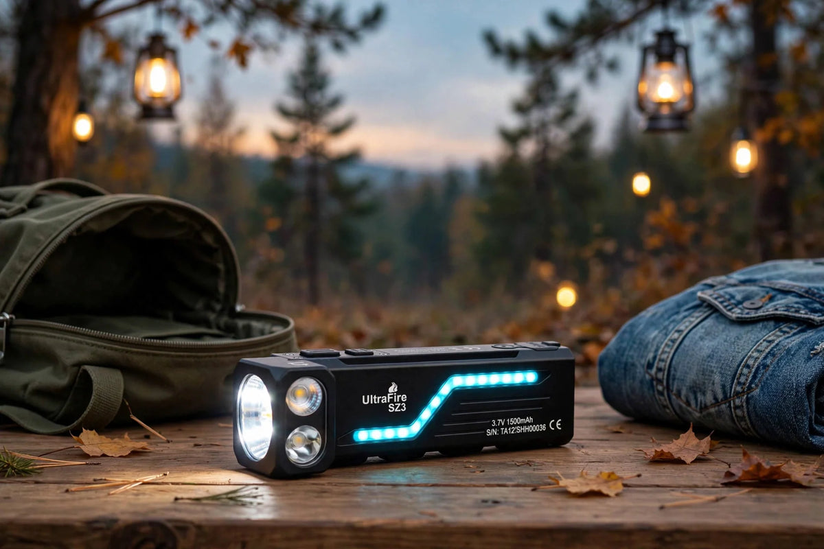 UltraFire SZ3 flat EDC flashlight on a wooden campsite table at dusk with backpack and lanterns