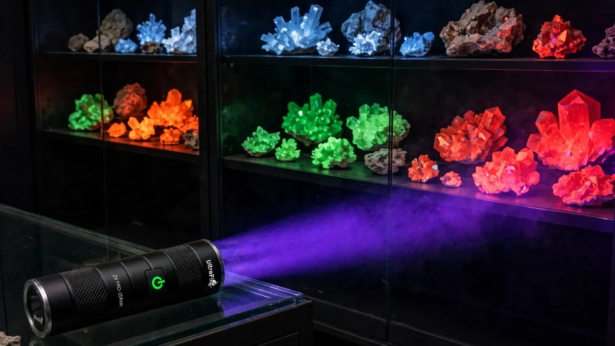 UltraFire ZV PRO-254nm UV flashlight lighting fluorescent minerals glowing red, green and orange in a display case