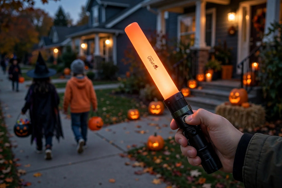 UltraFire UF-303X signal wand with glowing orange tube held on a suburban sidewalk at dusk on Halloween with trick-or-treaters