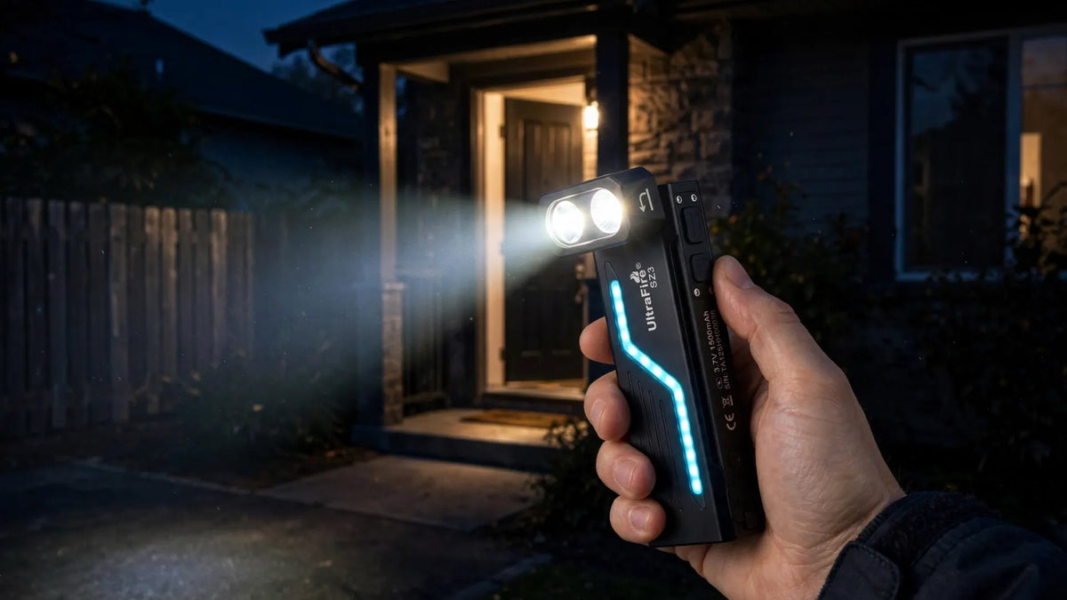 Flashlight beam checking a dark home entryway at night