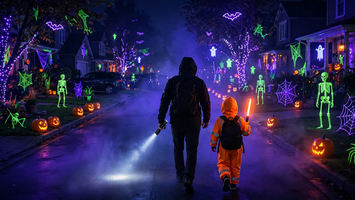 Neon Halloween street glowing under UV blacklight with trick-or-treaters