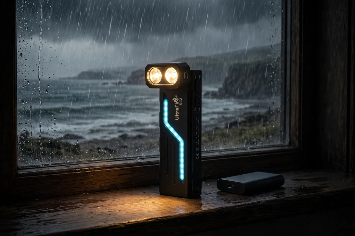 UltraFire SZ3 flashlight glowing on a windowsill as a nor'easter storm rages over the coastline outside