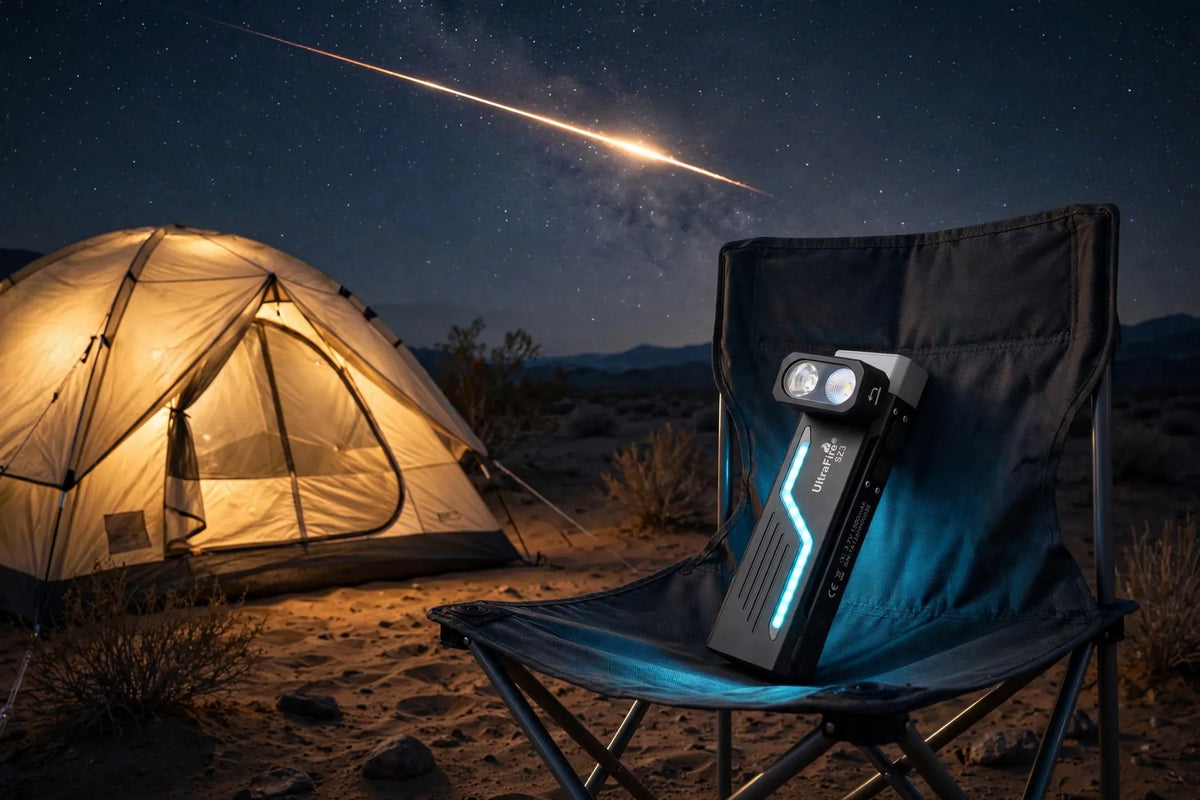 UltraFire SZ3 swivel-head flashlight resting on a camp chair beside a glowing tent under a starry desert sky with a meteor streaking overhead