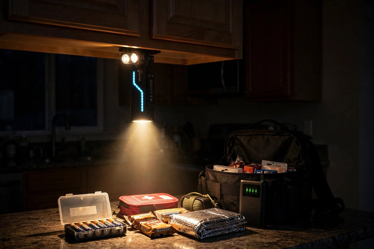 UltraFire SZ3 flashlight magnet-mounted under a cabinet lighting an emergency kit during a fire-season power shutoff at night