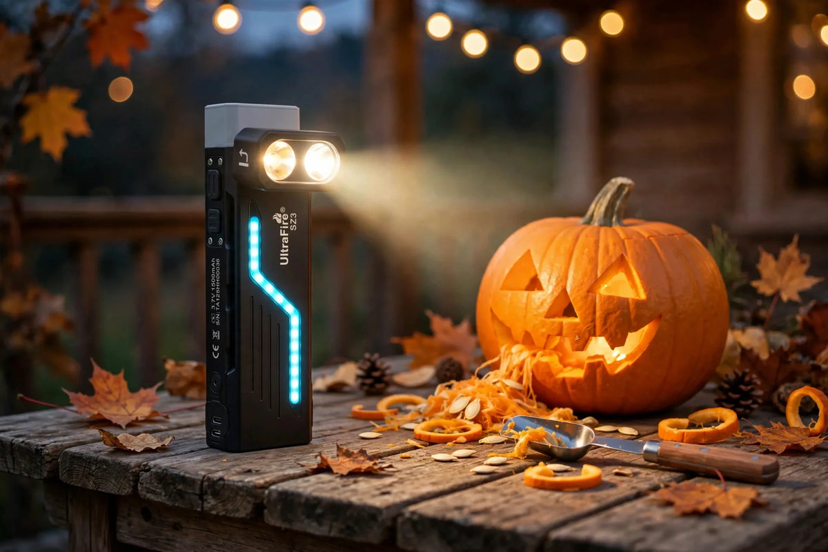 UltraFire SZ3 swivel-head flashlight lighting a carved jack-o'-lantern on a wooden porch table at dusk