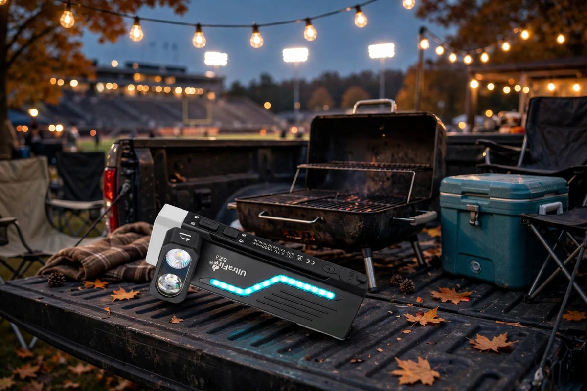UltraFire SZ3 swivel-head flashlight with cyan ambient light bar on a pickup truck tailgate at a dusk football tailgate with grill, cooler and string lights