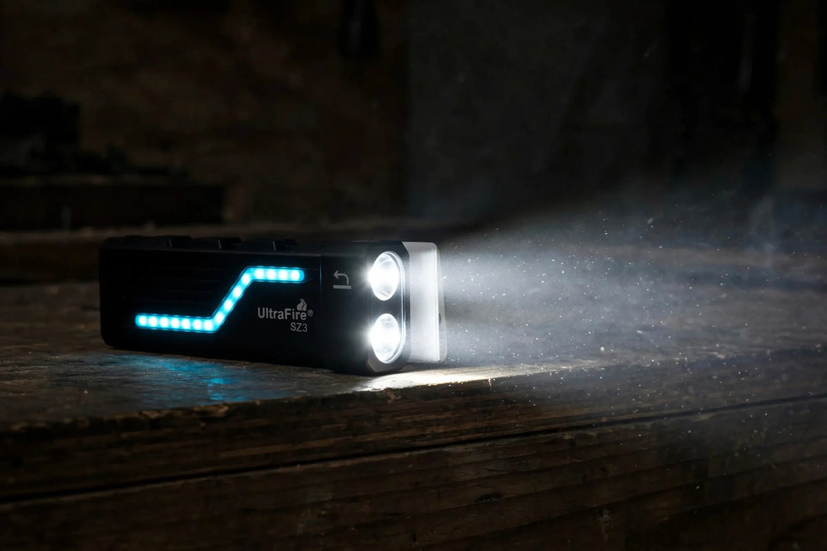 UltraFire SZ3 flashlight projecting an honest beam of light on a dark workbench