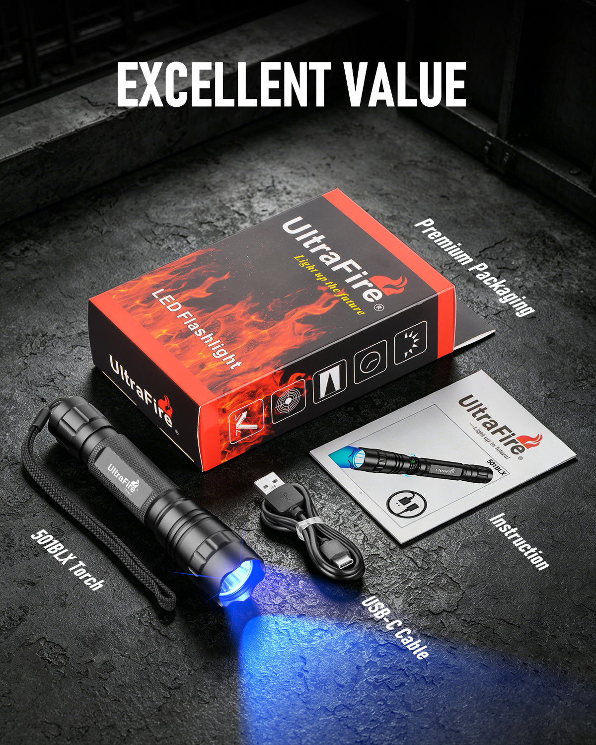 UltraFire® WF-501BLX Blue LED Rechargeable Flashlight