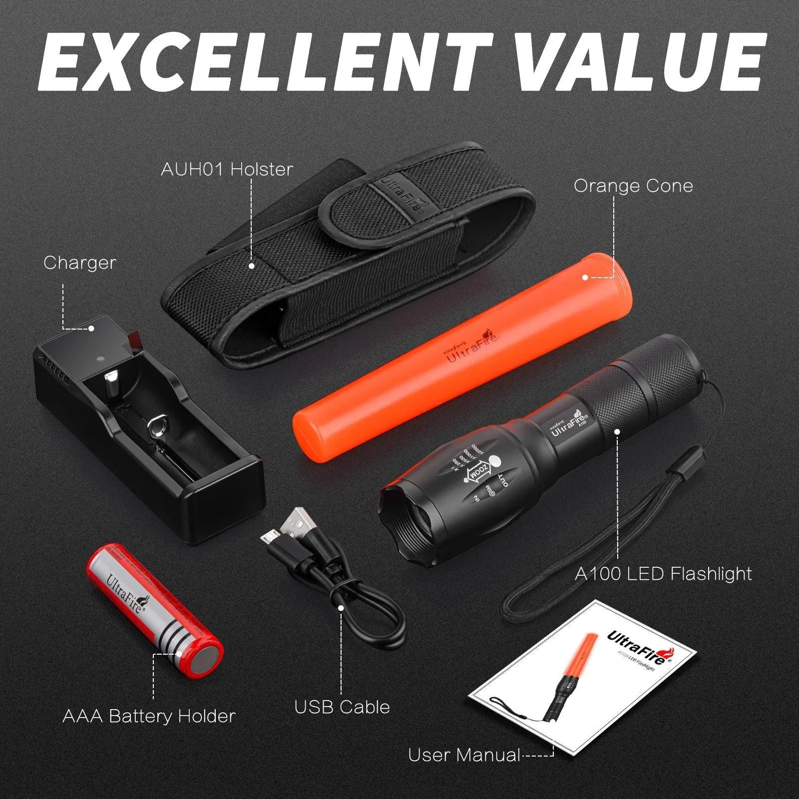 a100 high handheld flashlights powered flashlight rechargeable 18650 battery UltraFire A100 Traffic Wand - 1000 LUMENS | 120M