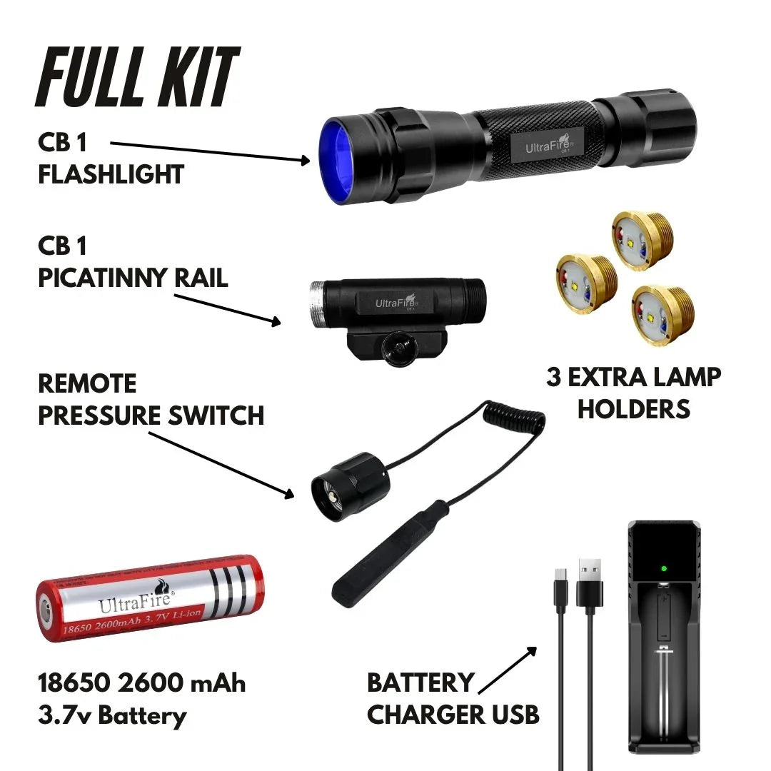 UltraFire CB1 Blue LED Hunting Flashlight – 450-460nm 800LM with Picatinny Rail