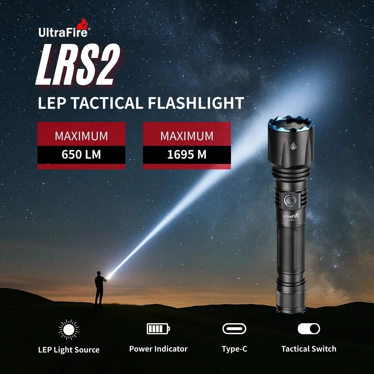 UltraFire LRS2 LEP Tactical Flashlight | 650 Lumens | 1695m Long-Range Beam | Rechargeable Hunting Light | High-Intensity Handheld Searchlight