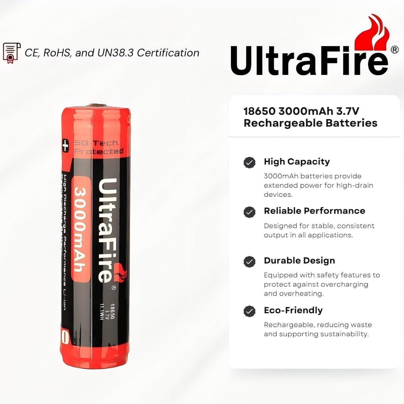 18650 3000mAh 3.7V Pro Rechargeable Batteries (2-Pack) - UltraFire
