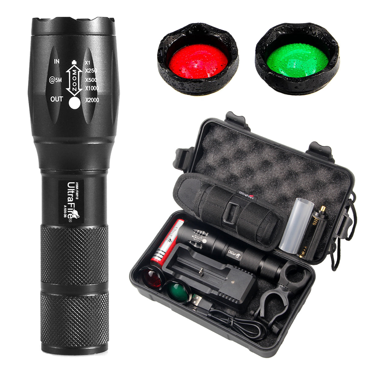 UltraFire A100 Tactical LED Flashlight with 3 colors Exchange Glass Lens (Generate RED or GREEN light )