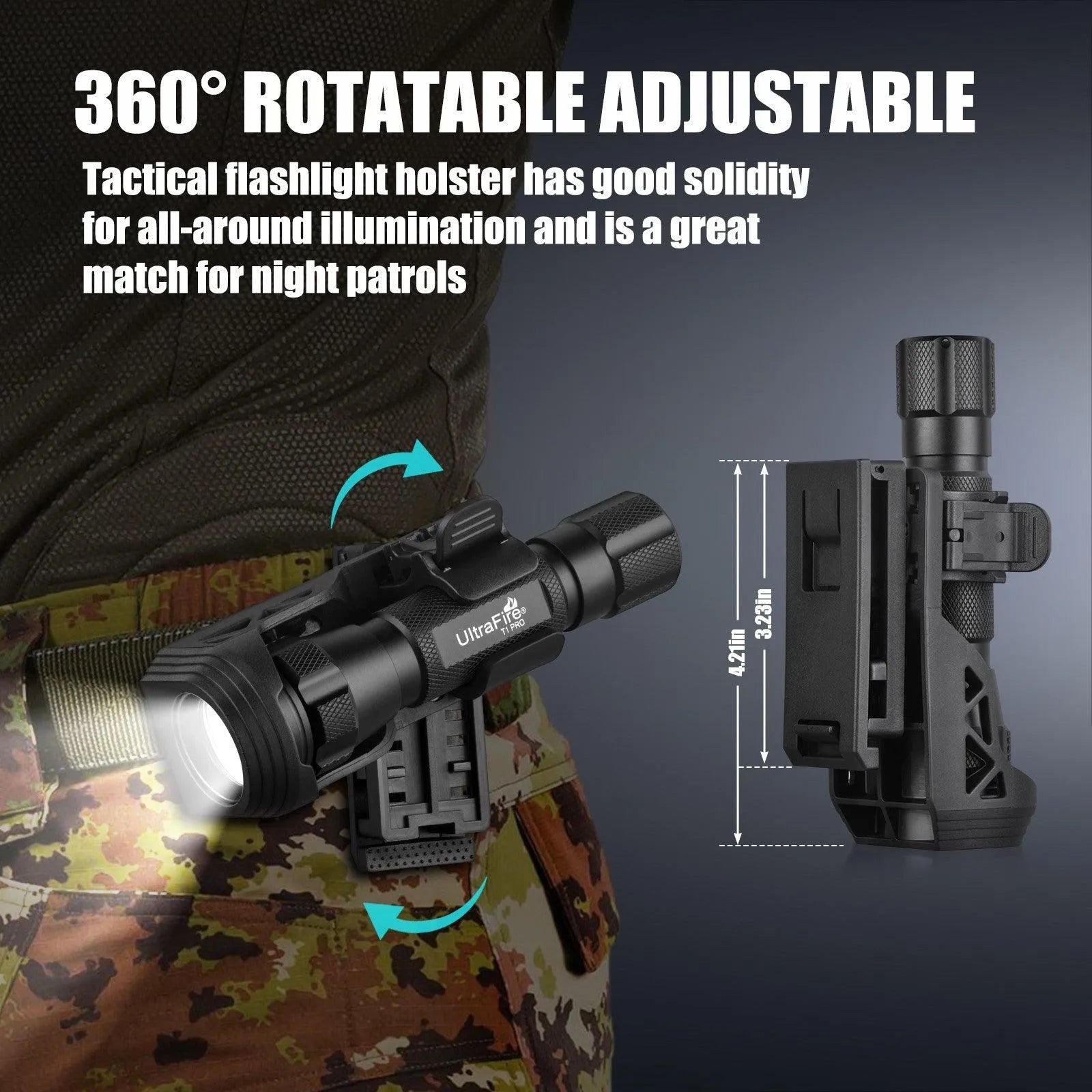 UltraFire® T1 PRO 1000 High Lumen Tactical EDC Flashlight with Holster,Single Mode Police Flashlight with Belt Holder,Bright Law Enforcement Flashlight with Holster for Duty Belt