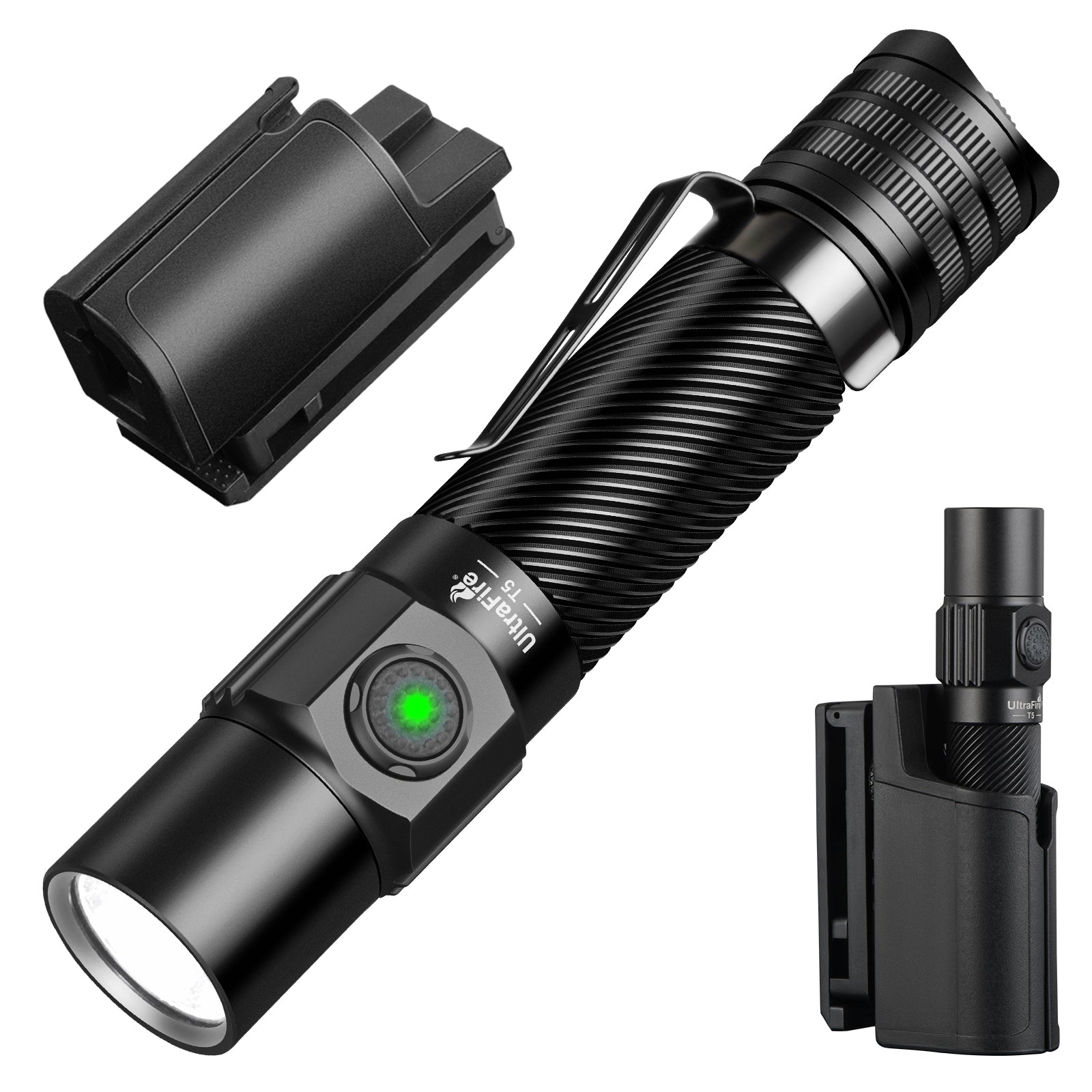 brightest led flashlight rechargeable UltraFire T5 Tactical Flashlight with Belt Holster, 1800 High Lumen Rechargeable Flashlight with Duty Belt Holder, Security Flashlight for Police