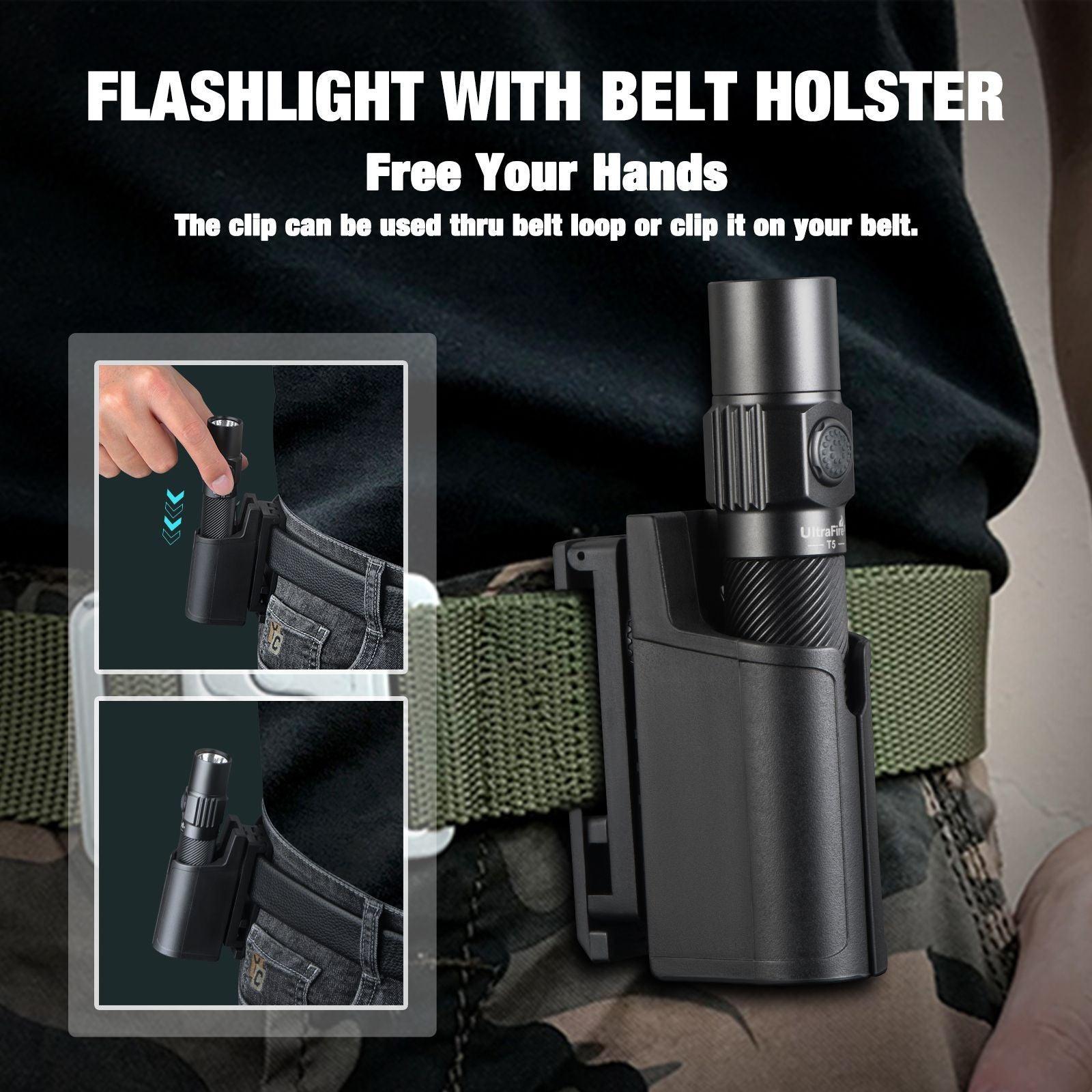 UltraFire T5 Tactical Flashlight with Belt Holster, 1800 High Lumen Rechargeable Flashlight with Duty Belt Holder, Security Flashlight for Police