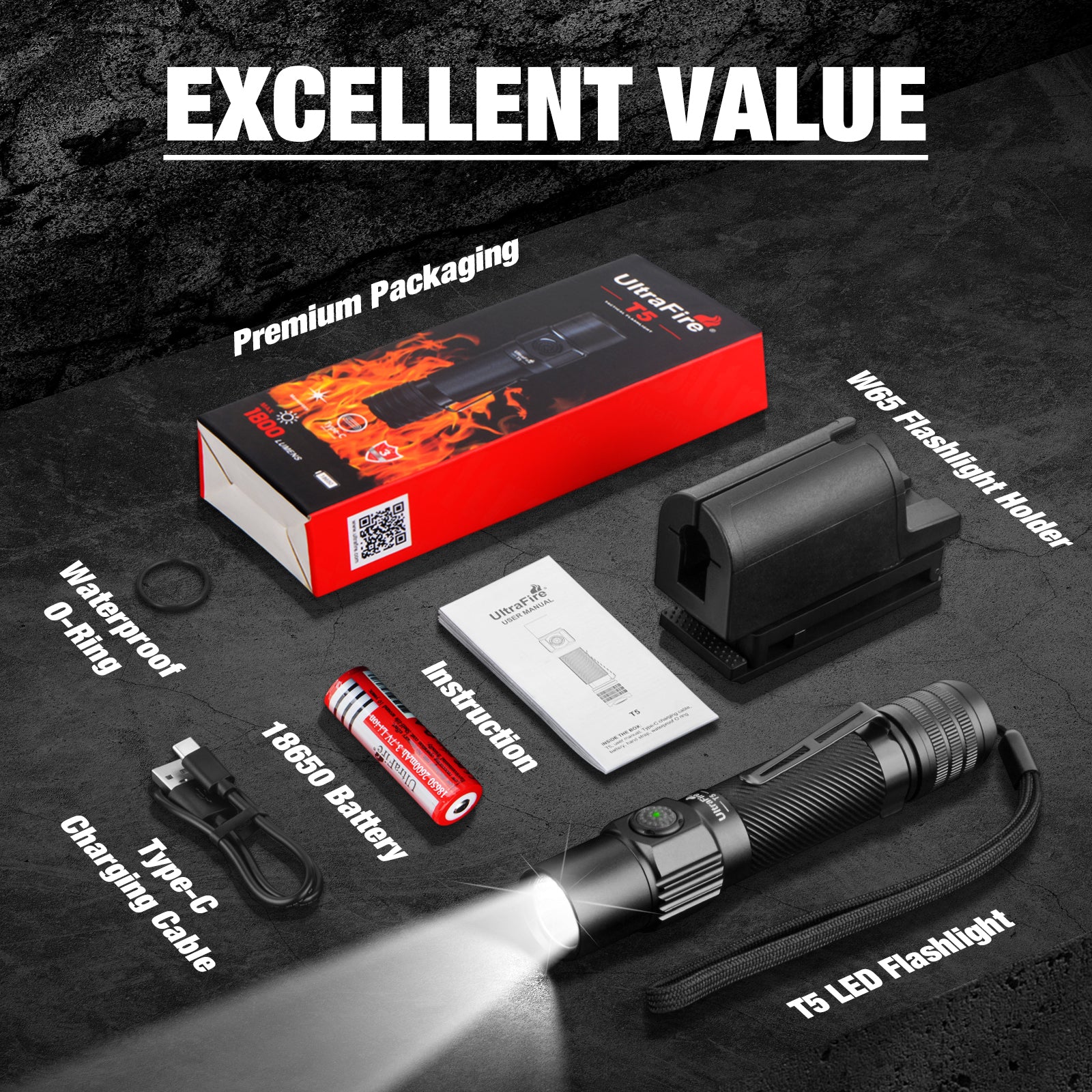 UltraFire T5 Tactical Flashlight with Belt Holster, 1800 High Lumen Rechargeable Flashlight with Duty Belt Holder, Security Flashlight for Police