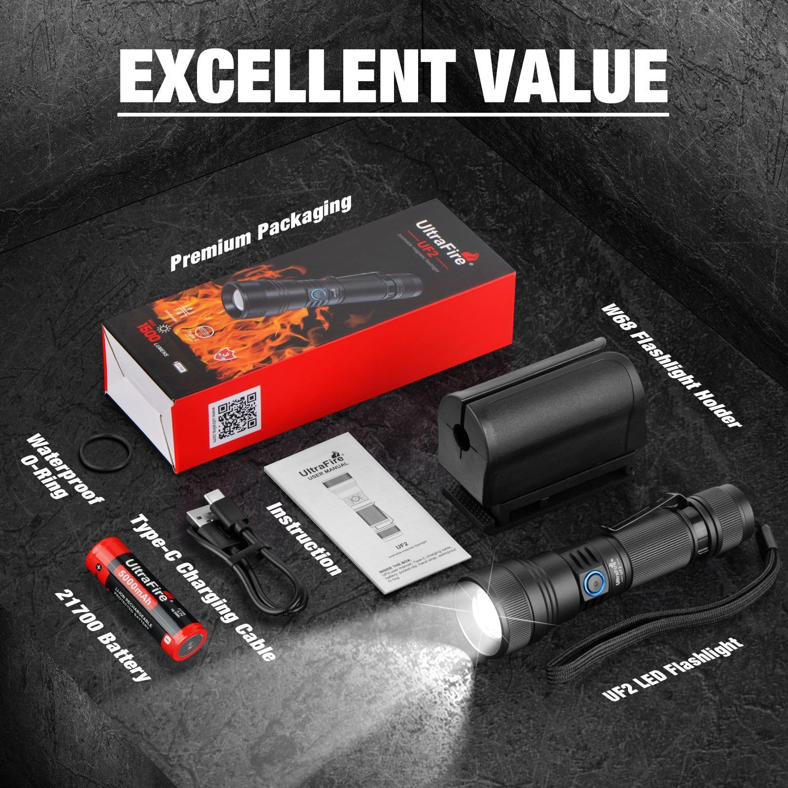 UltraFire UF2 Rechargeable Tactical Flashlight – 1500LM Zoomable EDC ...