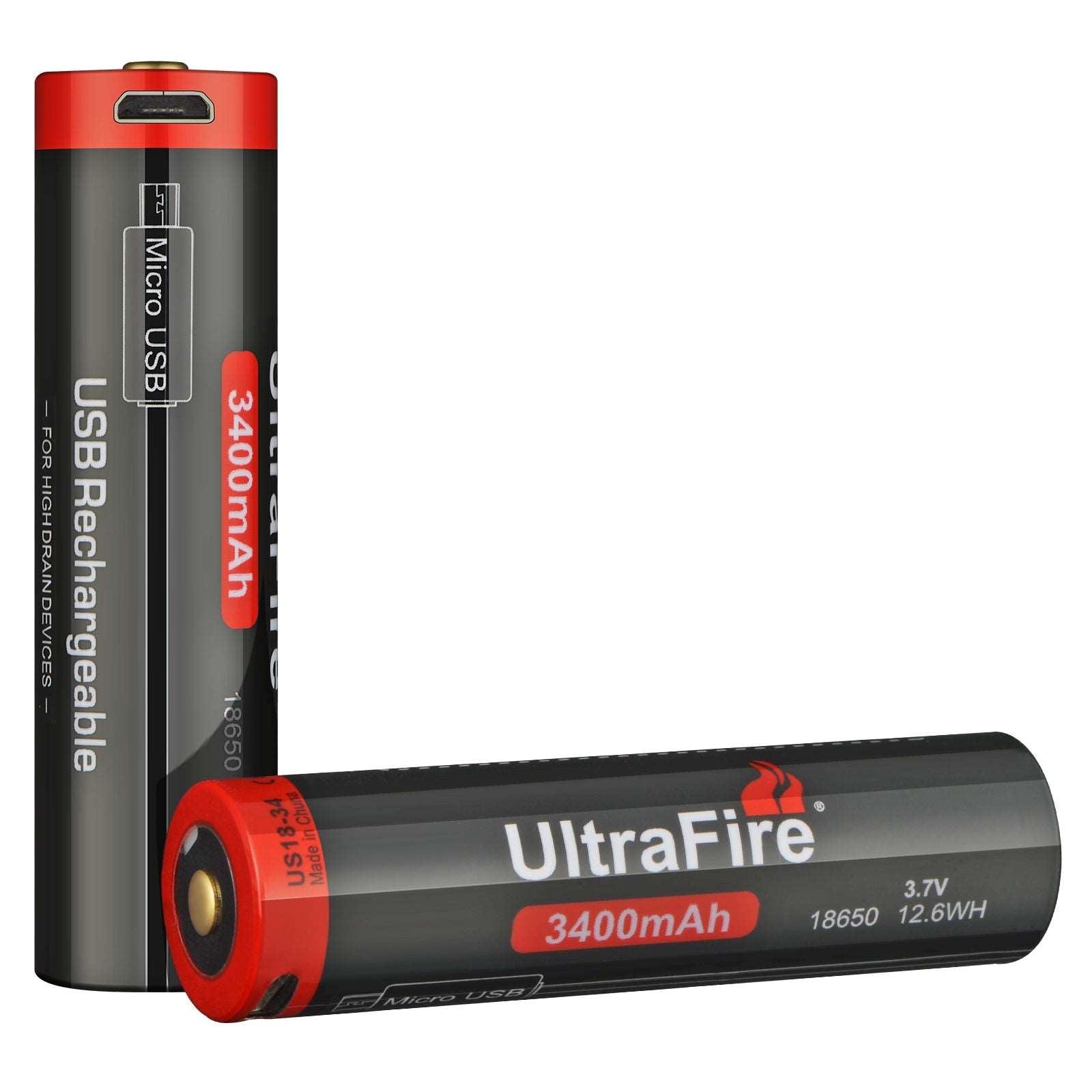 18650 3400mAh 3.7V Rechargeable Micro-USB Battery (2-Pack) - UltraFire