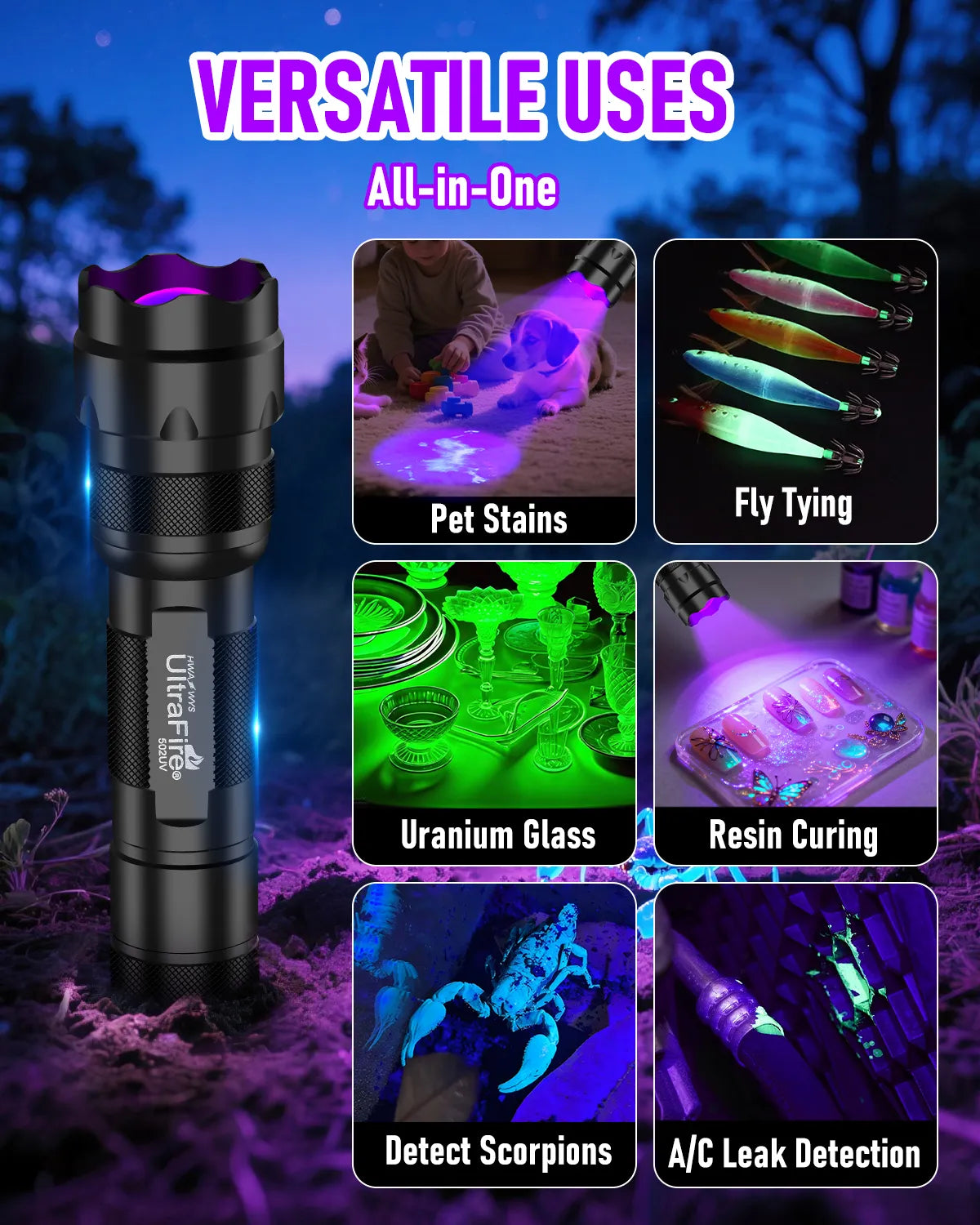 uses for black light flashlight UltraFire 502UV Flashlight 502UV / Flashlight Package