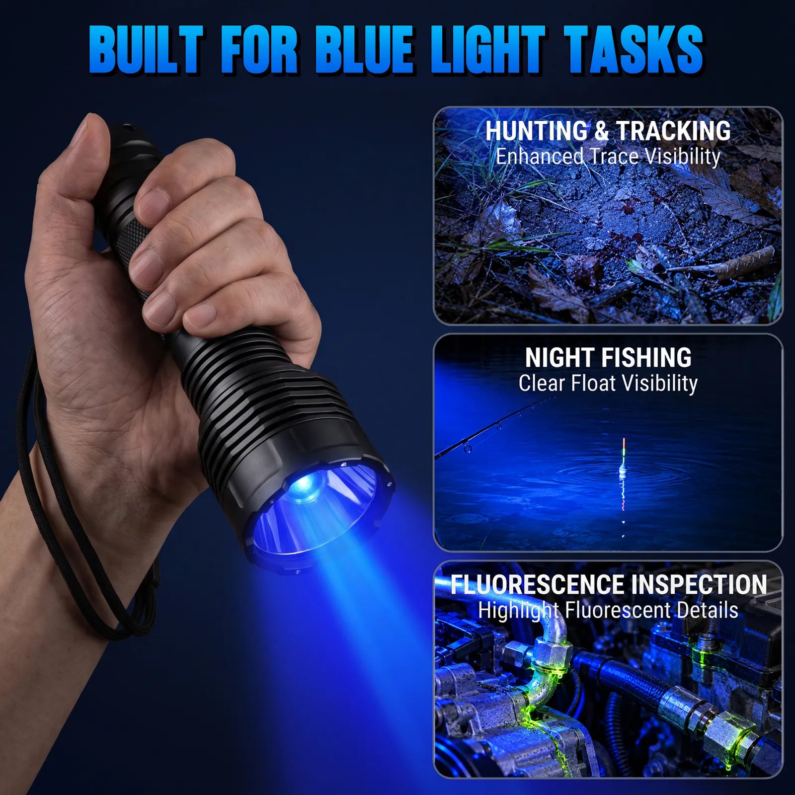 Hand holding the UltraFire C15S BL with blue beam on, next to hunting, fishing and inspection uses