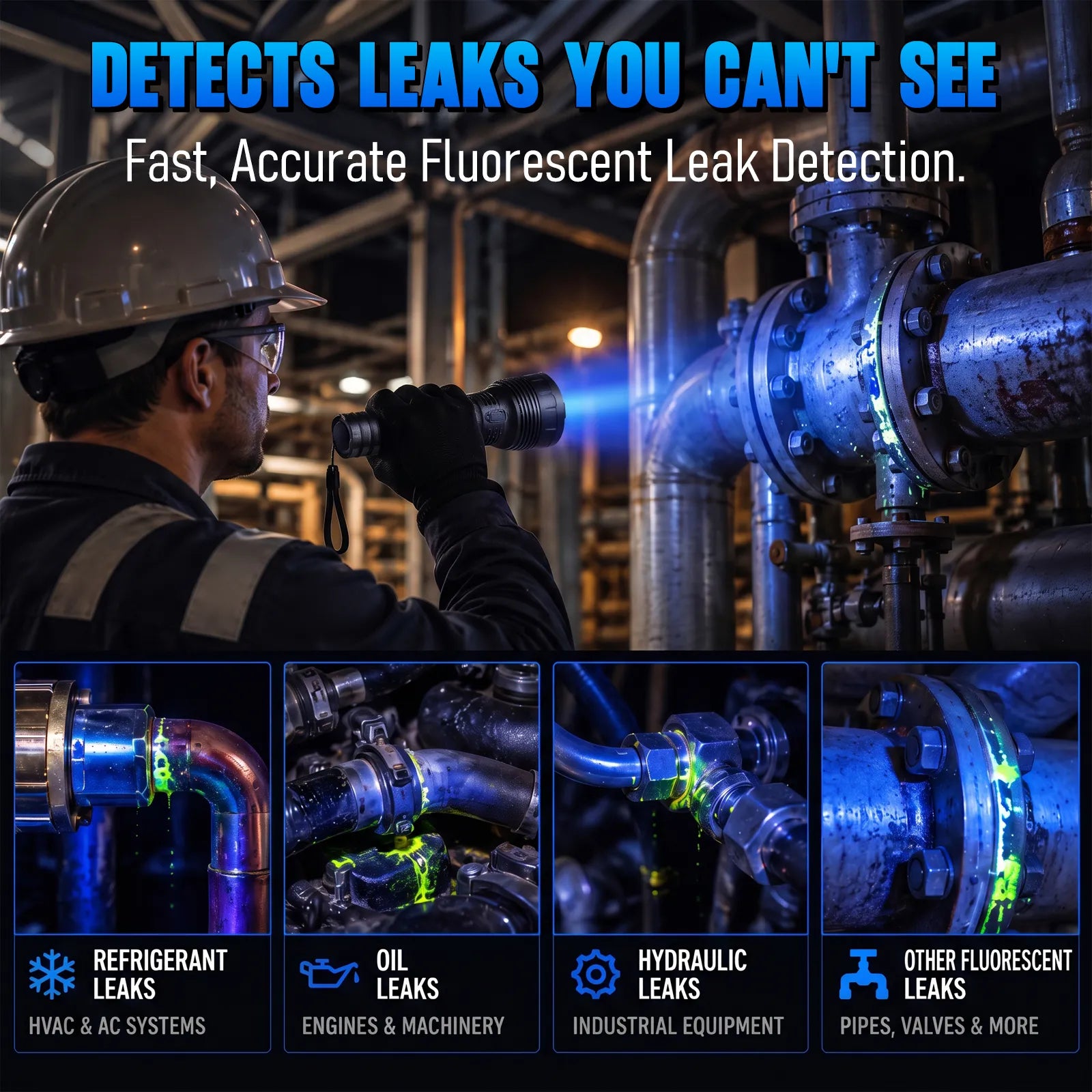 Worker inspecting industrial pipes for fluorescent leaks with the UltraFire C15S BL blue light