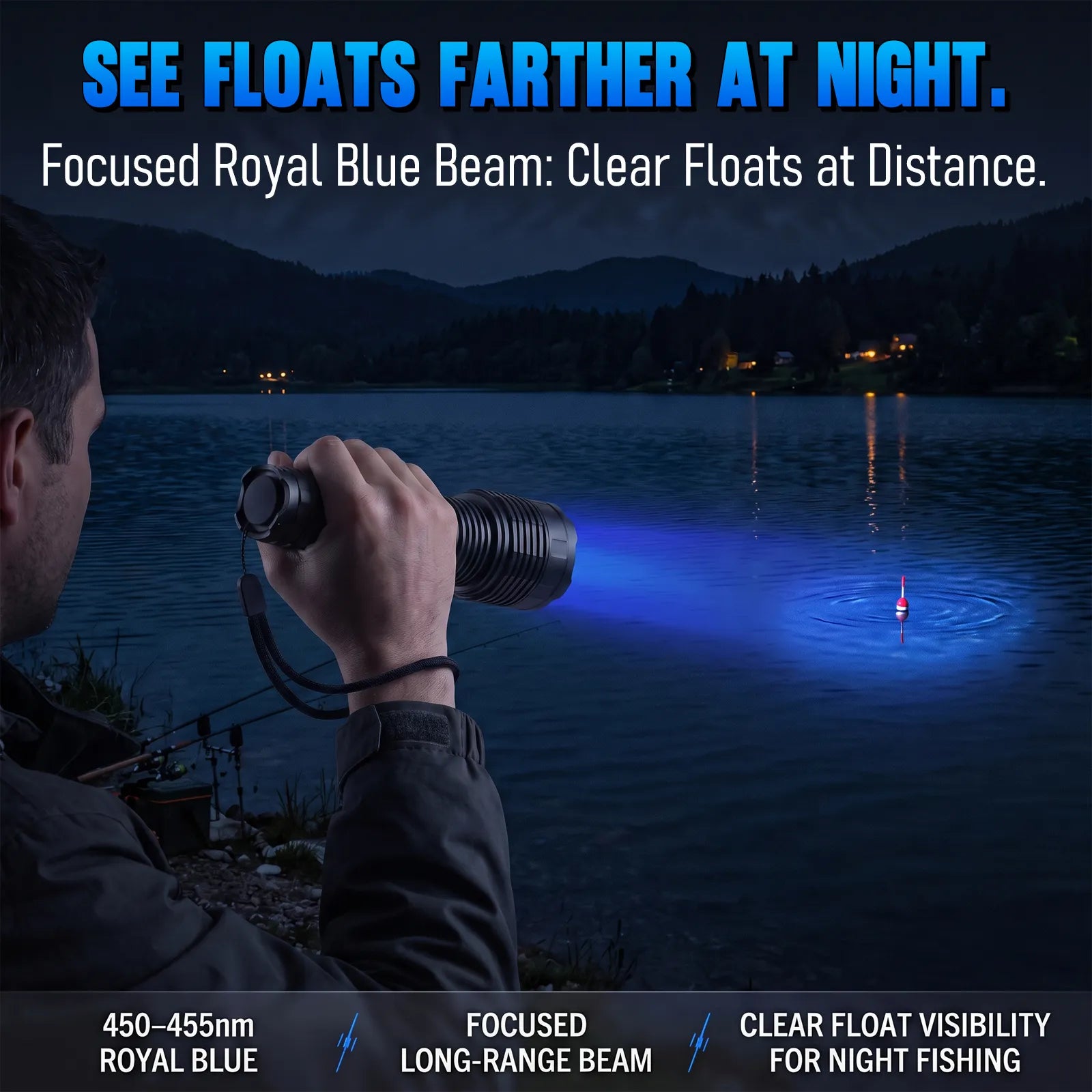 Angler shining the UltraFire C15S BL blue beam on a fishing float in a lake at night