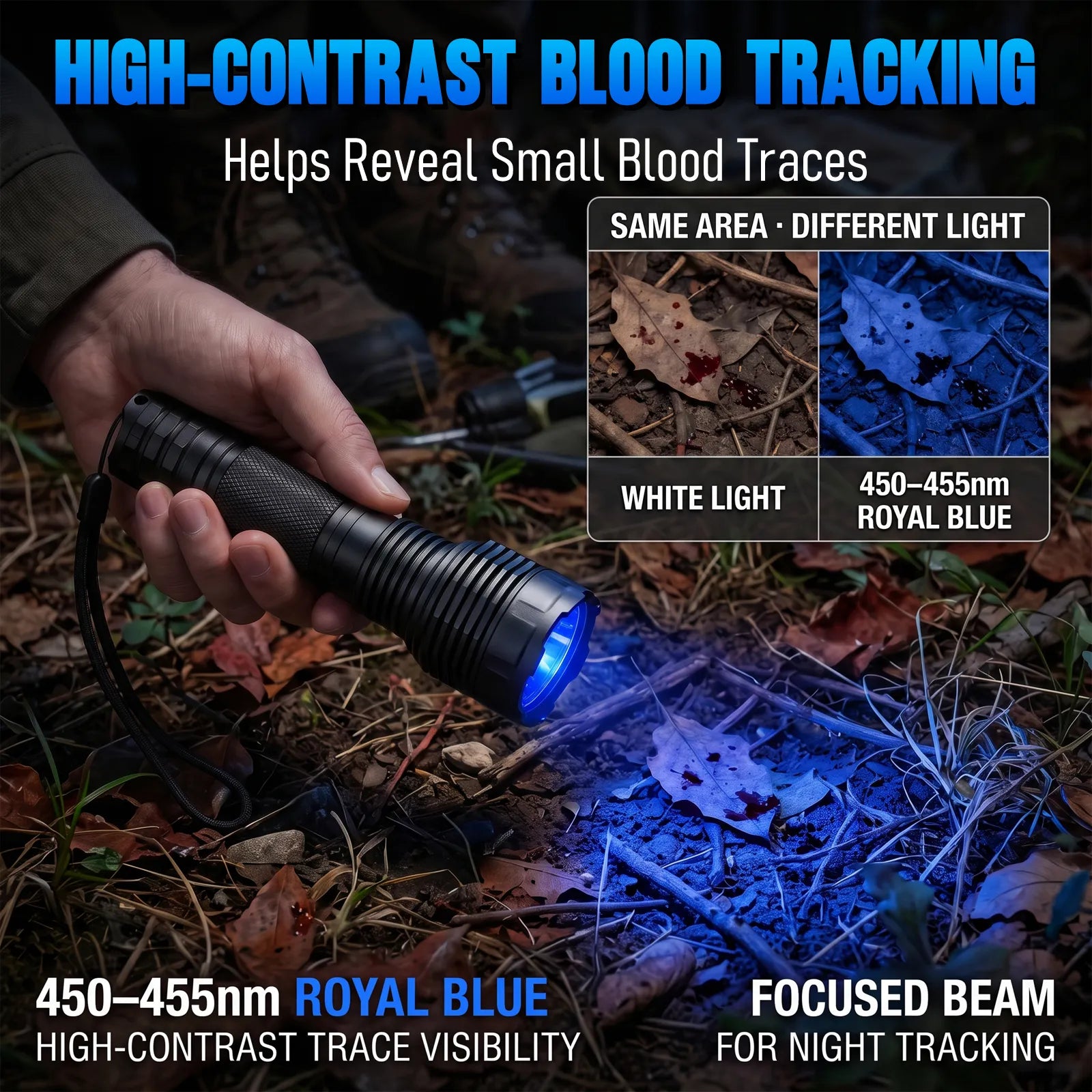 Hand holding the UltraFire C15S BL over a blood trail on leaves, blue light vs white light comparison