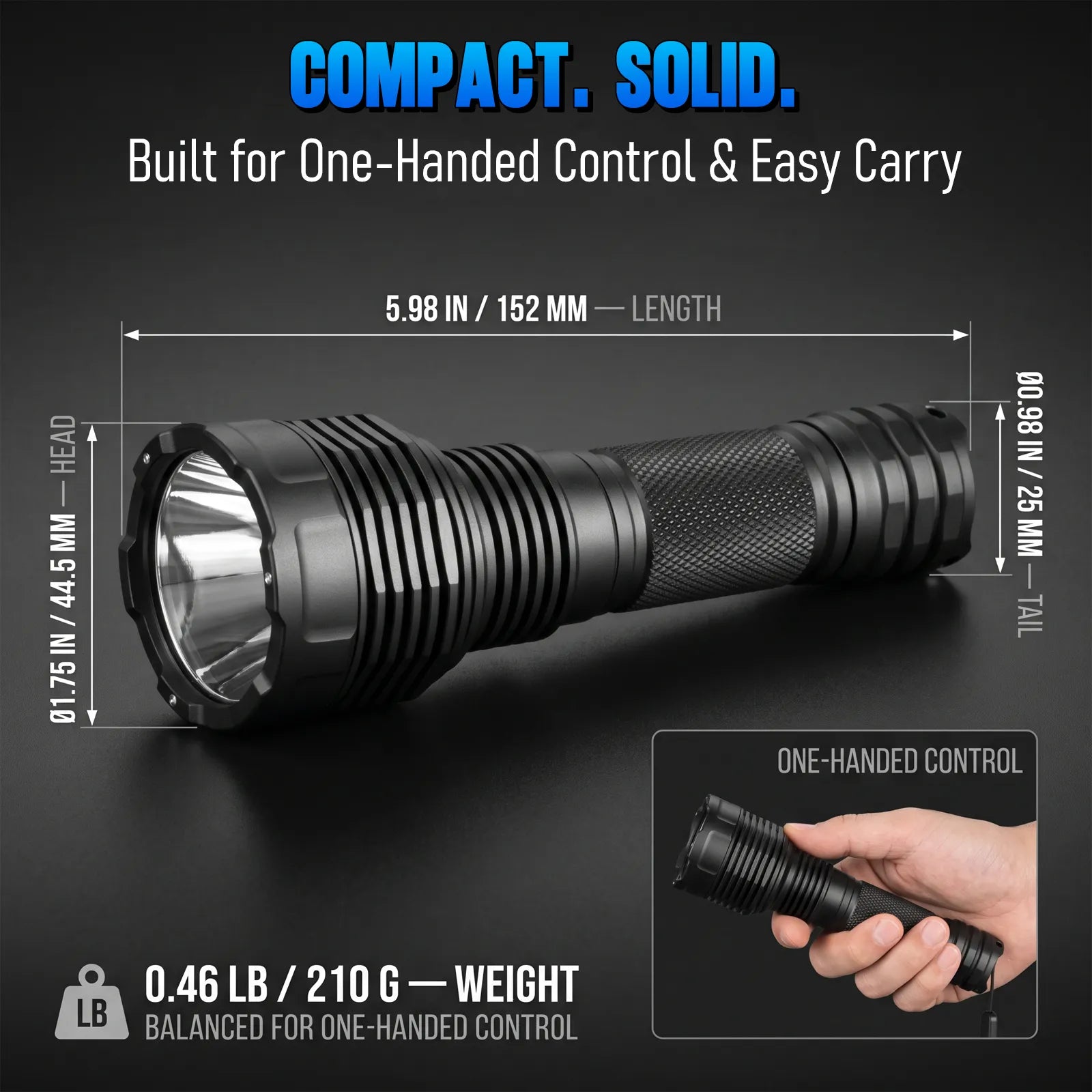 UltraFire C15S BL flashlight size diagram with a hand holding it for scale