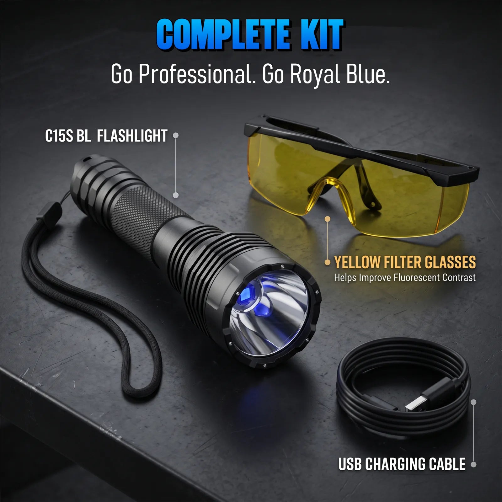 UltraFire C15S BL complete kit on a metal table: flashlight, yellow filter glasses and USB charging cable