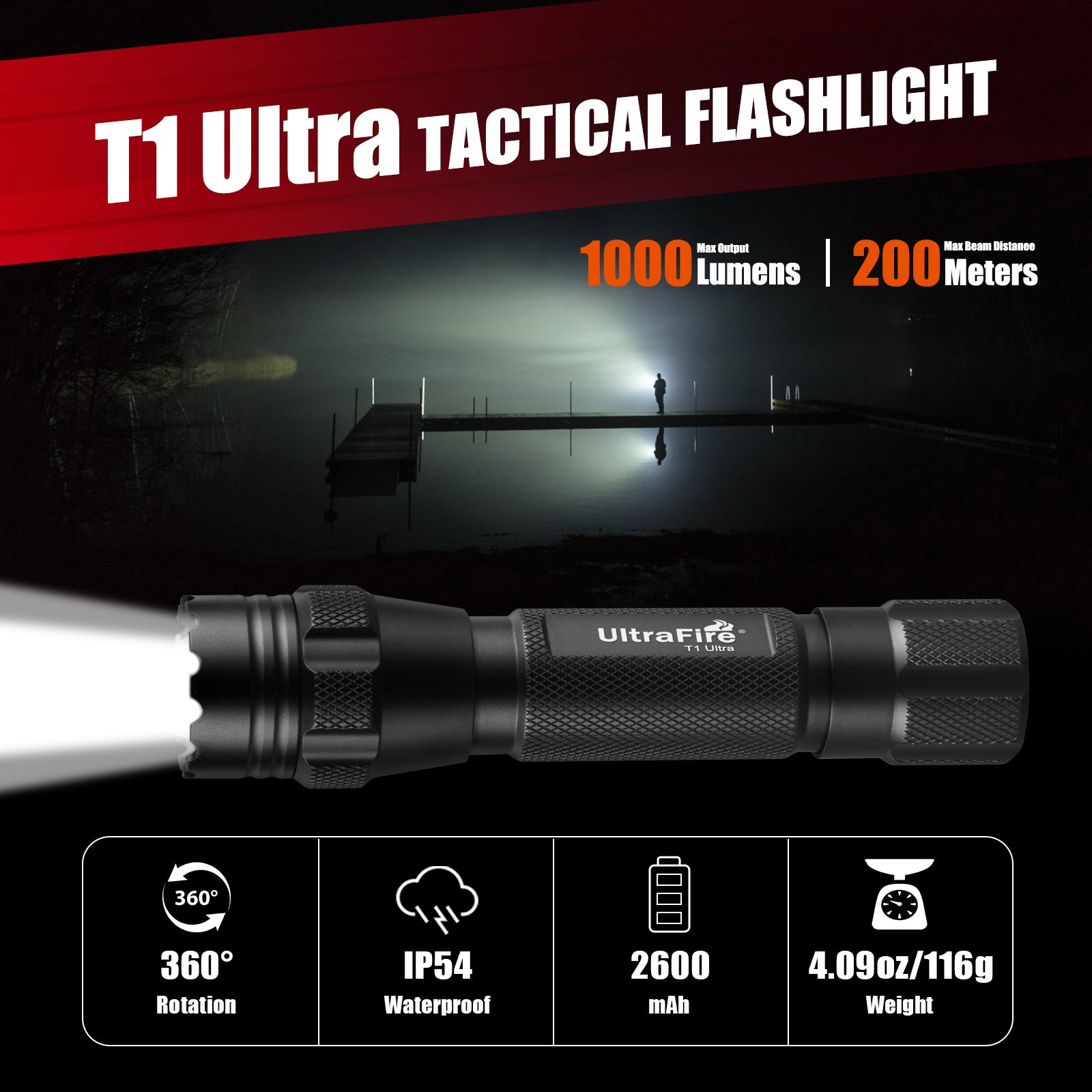 UltraFire T1 Ultra Tactical LED Flashlight - 1000LM