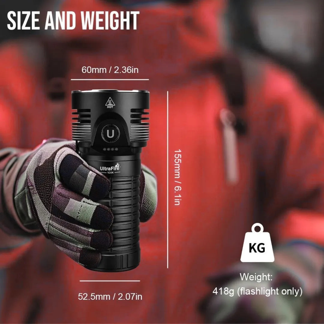 UltraFire V20K Rechargeable Floodlight Flashlight – 20,000 Lumens | 530m Throw | 32,000mAh Battery | 6 LEDs | High Brightness