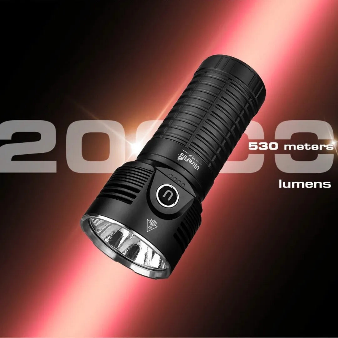 UltraFire V20K Rechargeable Floodlight Flashlight – 20,000 Lumens | 530m Throw | 32,000mAh Battery | 6 LEDs | High Brightness