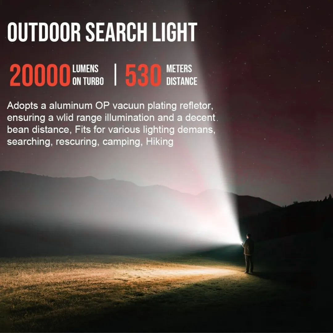 UltraFire V20K Rechargeable Floodlight Flashlight – 20,000 Lumens | 530m Throw | 32,000mAh Battery | 6 LEDs | High Brightness