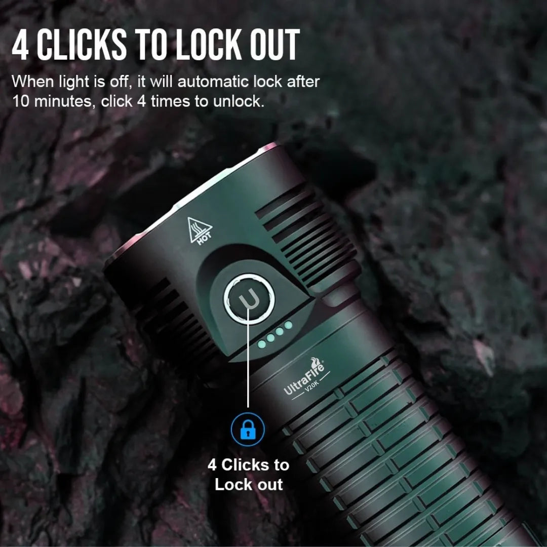 UltraFire V20K Rechargeable Floodlight Flashlight – 20,000 Lumens | 530m Throw | 32,000mAh Battery | 6 LEDs | High Brightness