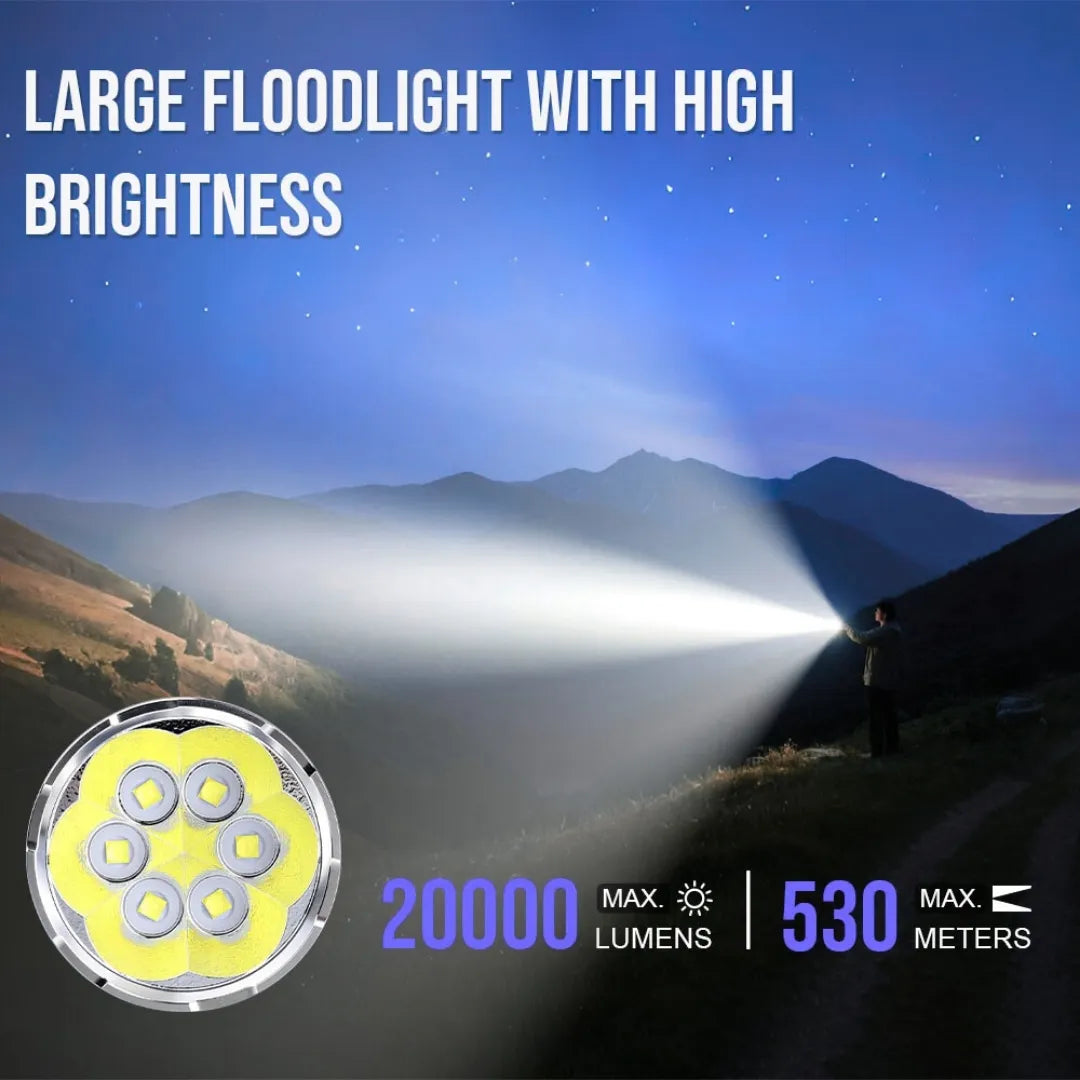 UltraFire V20K Rechargeable Floodlight Flashlight – 20,000 Lumens | 530m Throw | 32,000mAh Battery | 6 LEDs | High Brightness