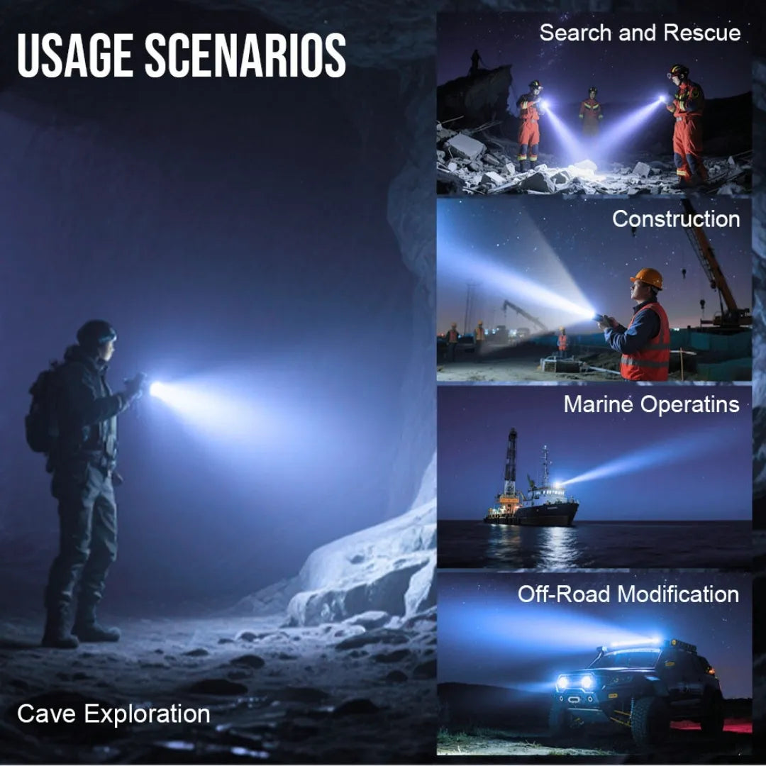 UltraFire V20K Rechargeable Floodlight Flashlight – 20,000 Lumens | 530m Throw | 32,000mAh Battery | 6 LEDs | High Brightness