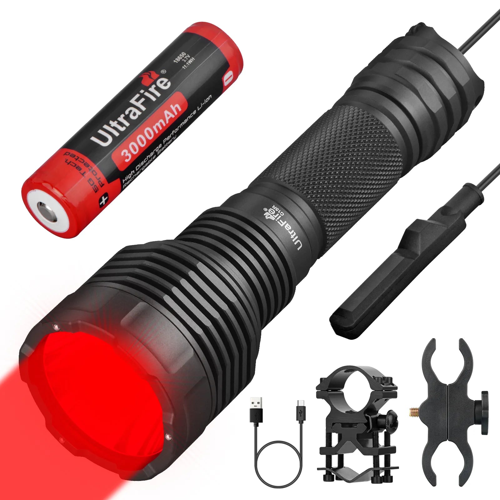 best 3000mah rechargeable battery for strong thrower flashlight UltraFire C15R Red Light Flashlight – 620–630nm, 350m, USB-C, IP54 Premium Set